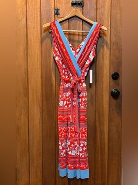 Emma and Michele Red Floral Jumpsuit with Blue Trim